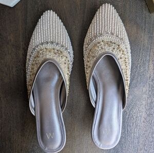 W for Woman Pointed Toe Embroidered Beaded Wedge Mules